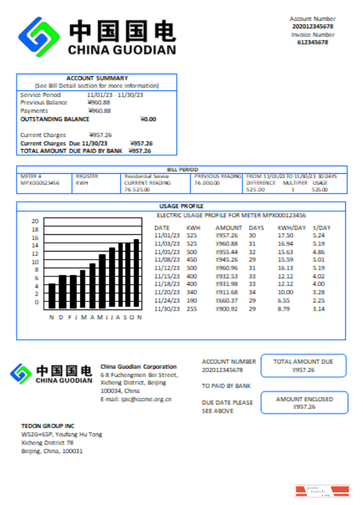China Guodian Corporation electricity utility business bill, SCR PSD template